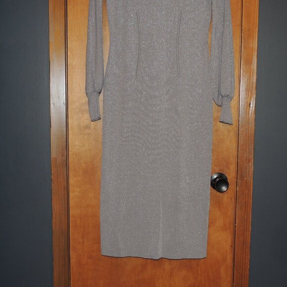 Eva Mendes Metallic Shimmer Mock-Neck Midi Dress – Long Sleeve, Gray Silver, Siz - Picture 4 of 7